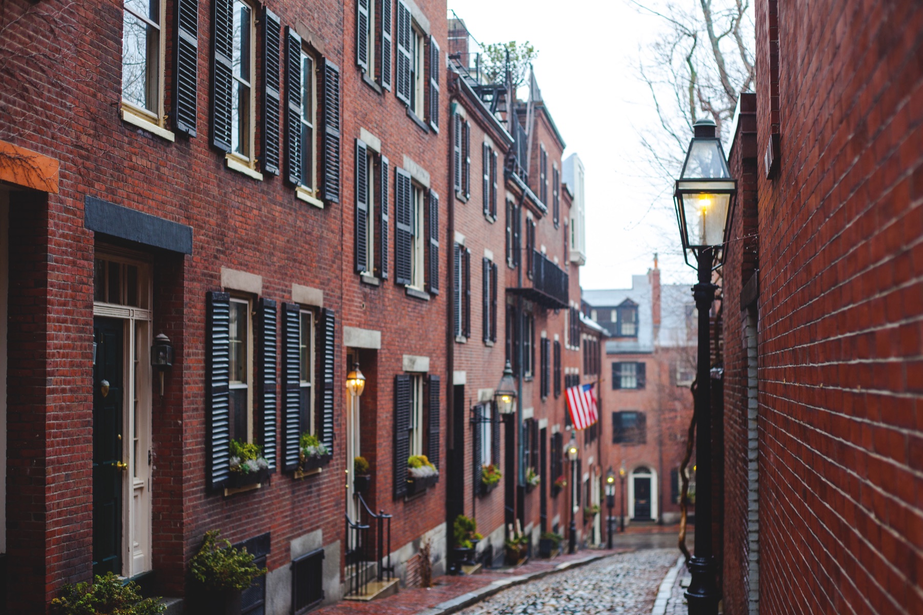 Brick buildings and trees along Acorn Street in Boston